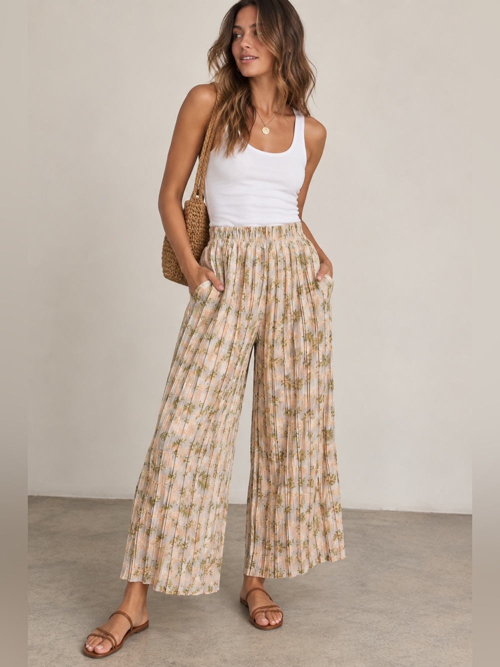 Alice Blue Leaf Print Wide-Leg Printed Palazzo Pants Size Small